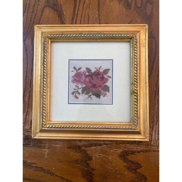 Vintage Framed Floral Cross-Stitch Art In Gold Frame - Picture 1 of 4